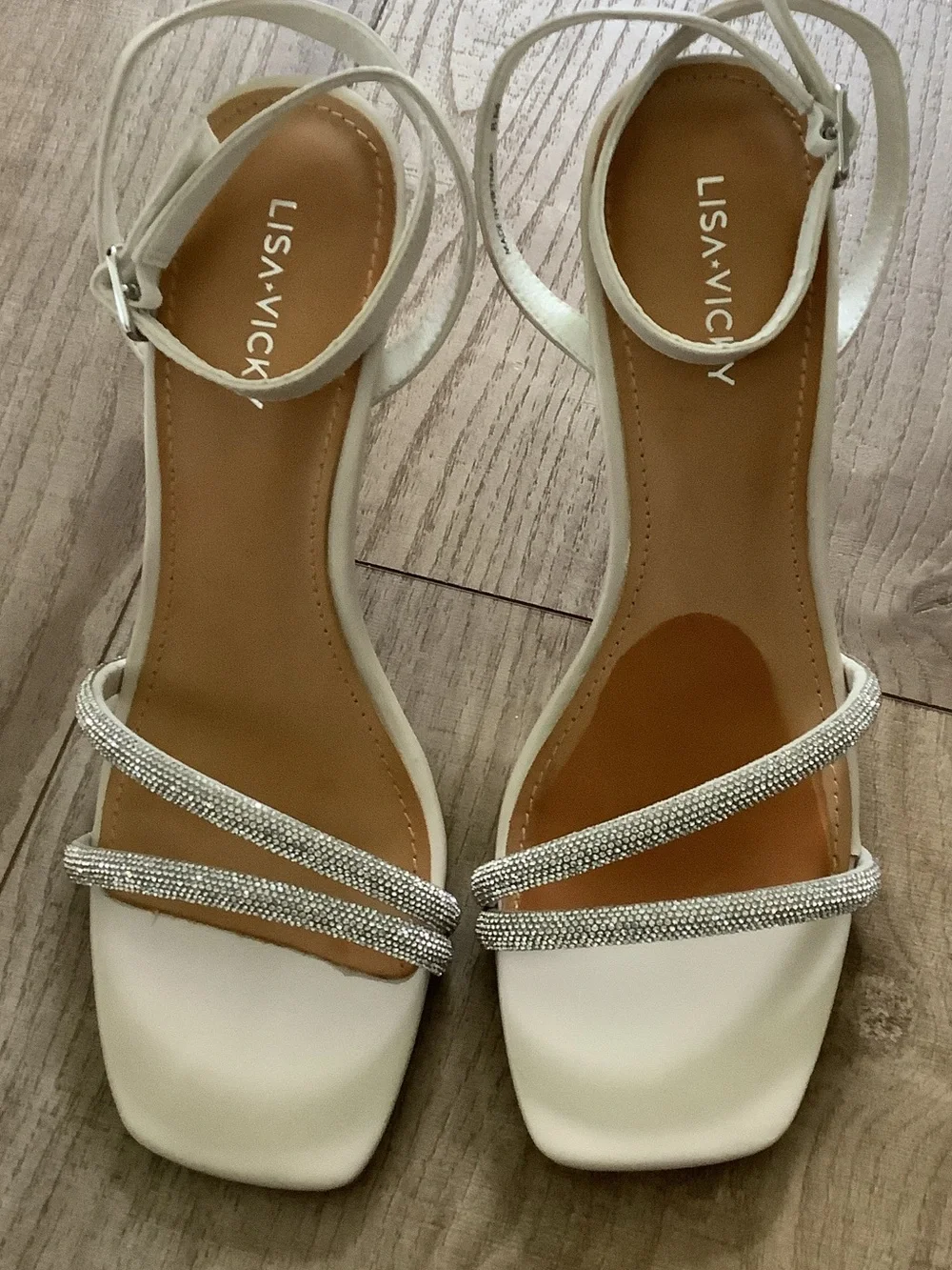 Lisa Vicky White Rhinestone Strap Block Heel Sandals